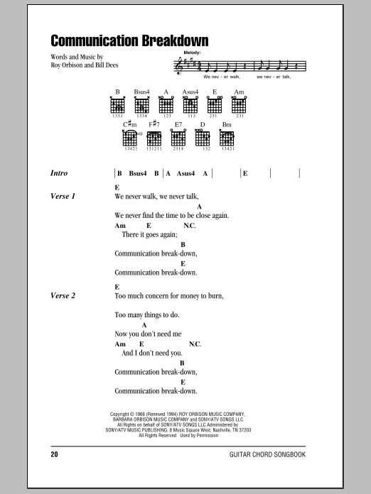Roy Orbison Communication Breakdown sheet music notes and chords arranged for Guitar Chords/Lyrics
