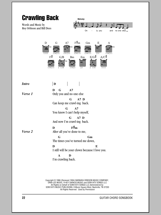 Roy Orbison Crawling Back sheet music notes and chords arranged for Guitar Chords/Lyrics