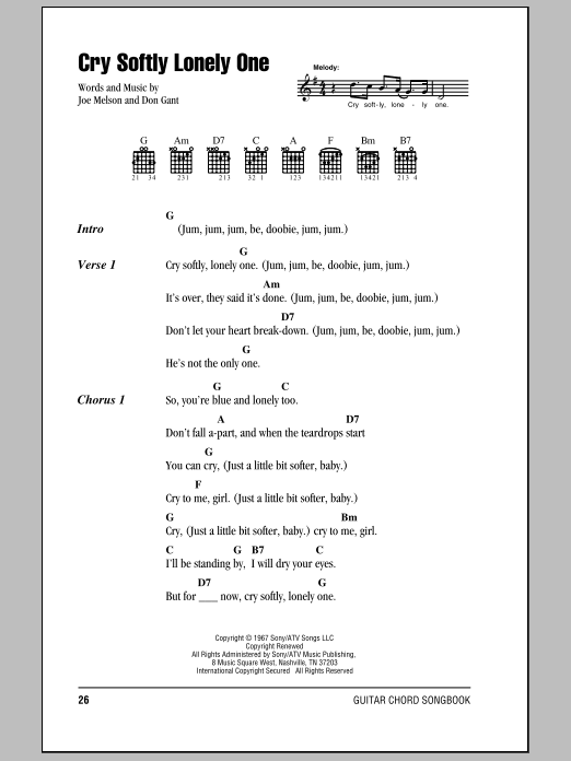 Roy Orbison Cry Softly Lonely One sheet music notes and chords arranged for Guitar Chords/Lyrics
