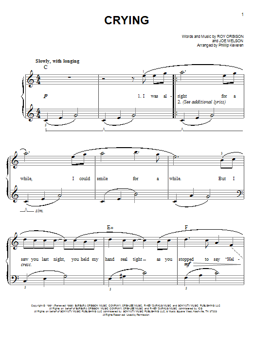 Roy Orbison Crying (arr. Phillip Keveren) sheet music notes and chords arranged for Easy Piano