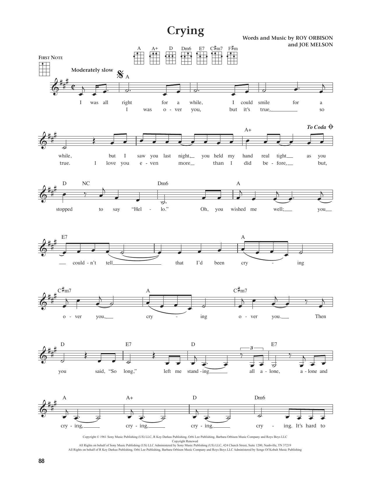 Roy Orbison Crying (from The Daily Ukulele) (arr. Jim Beloff) sheet music notes and chords arranged for Ukulele