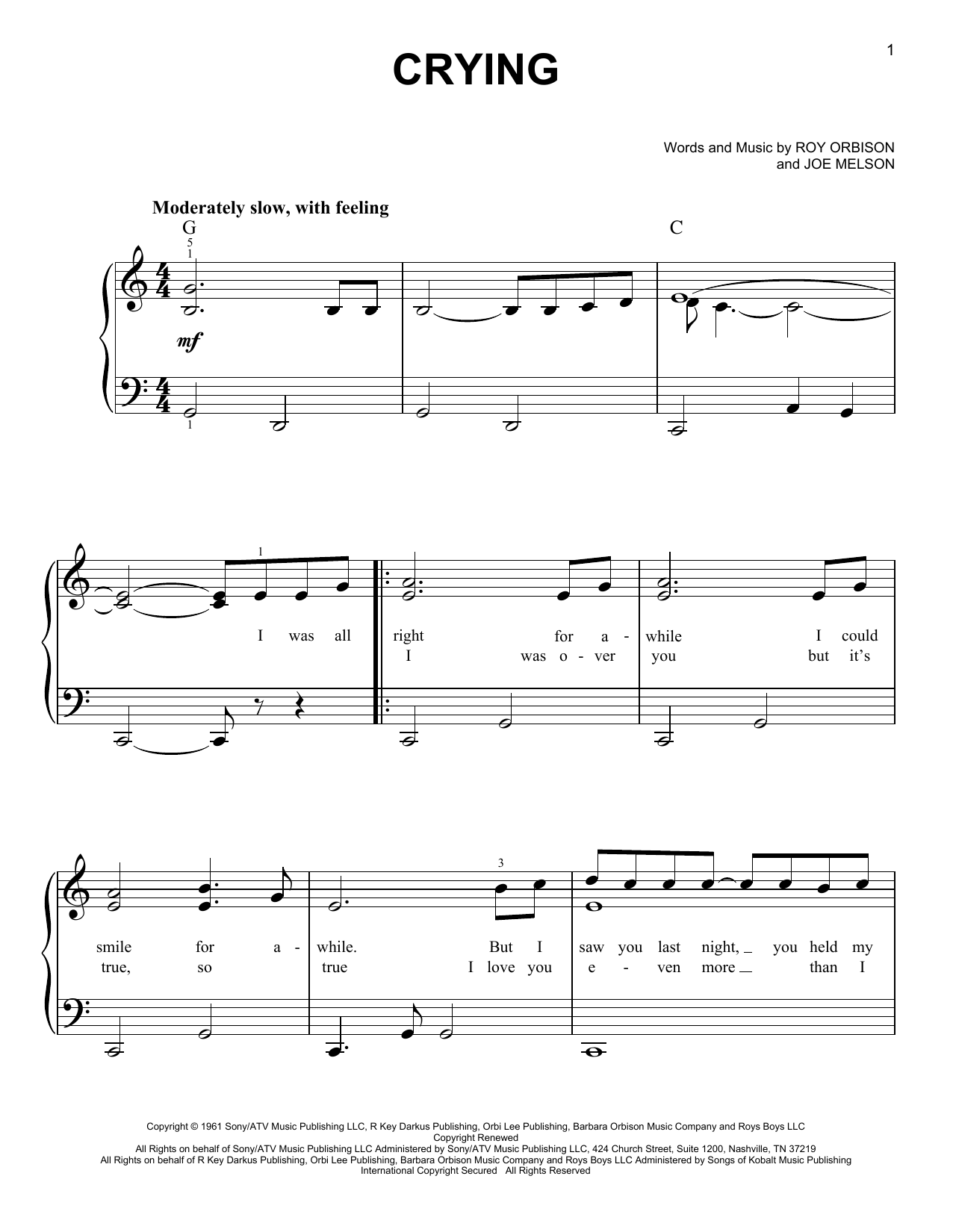 Roy Orbison Crying sheet music notes and chords arranged for Cello Solo