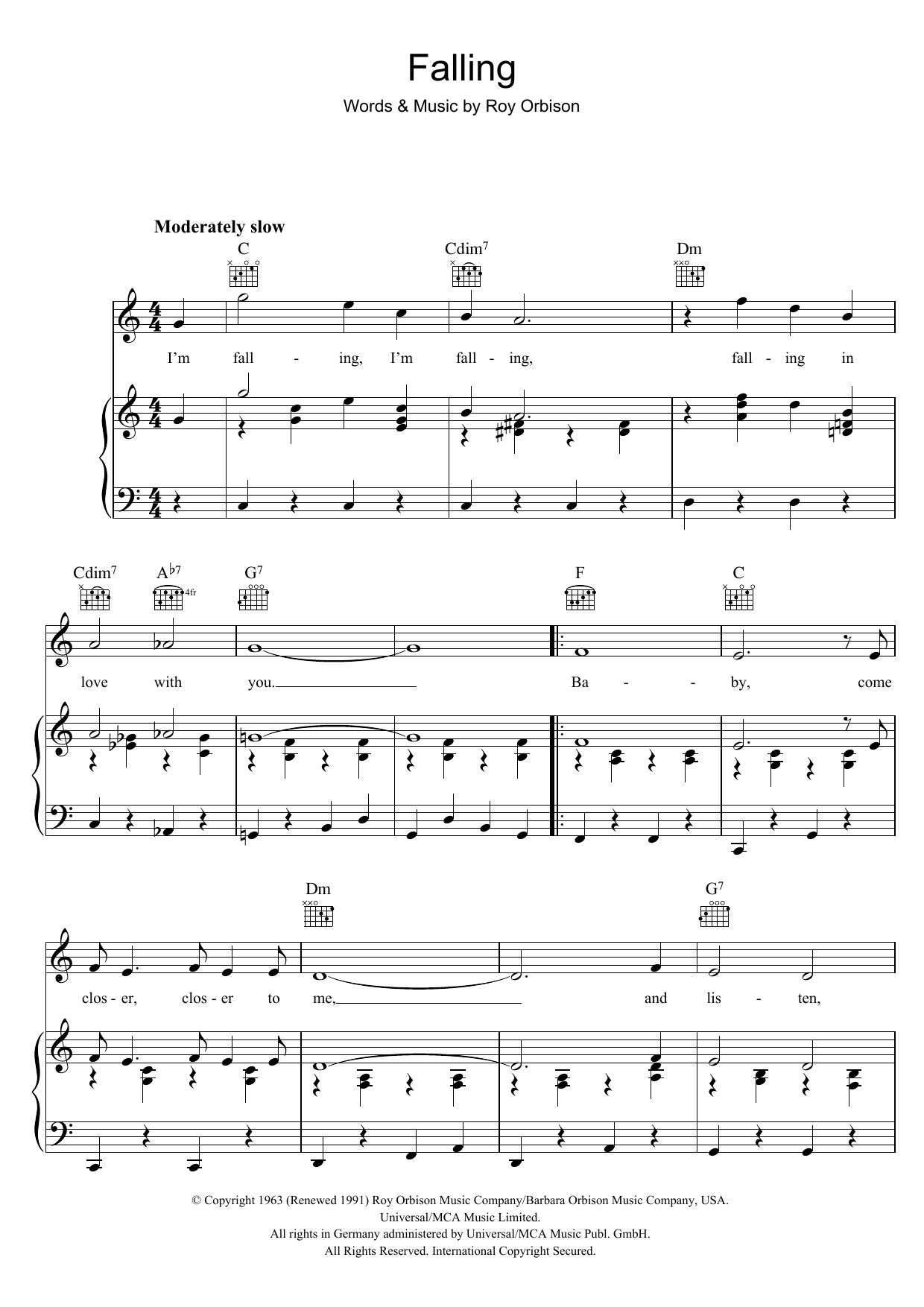 Roy Orbison Falling sheet music notes and chords arranged for Piano, Vocal & Guitar Chords