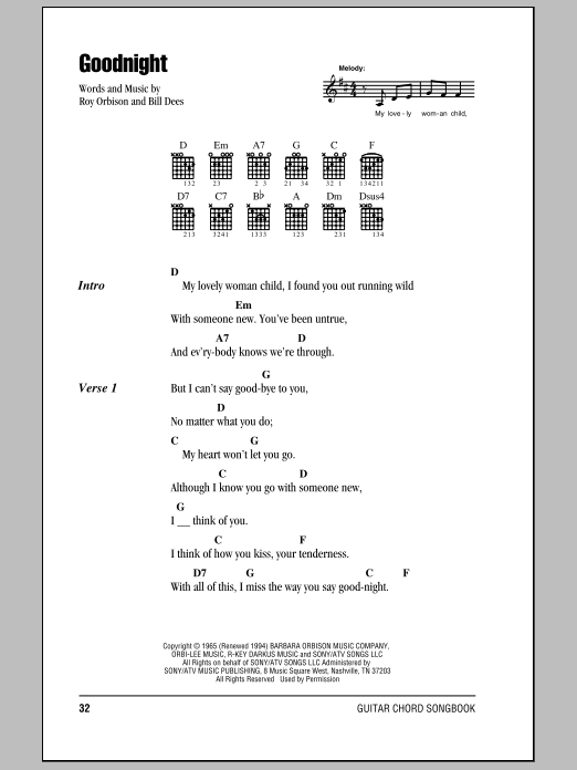 Roy Orbison Goodnight sheet music notes and chords arranged for Guitar Chords/Lyrics