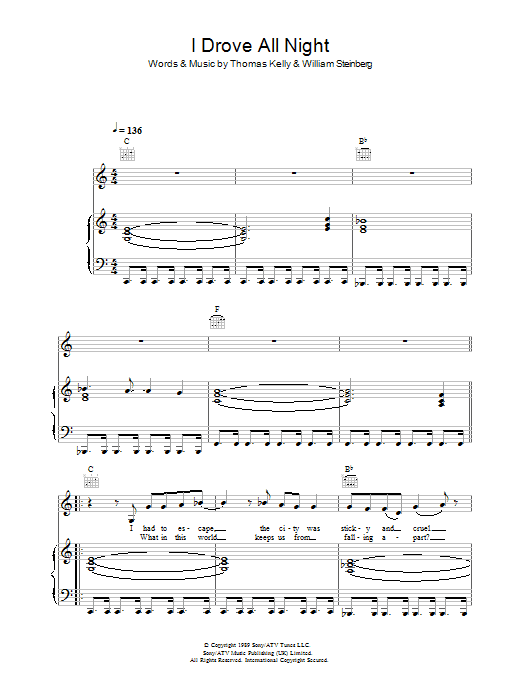 Roy Orbison I Drove All Night sheet music notes and chords arranged for Piano, Vocal & Guitar Chords (Right-Hand Melody)