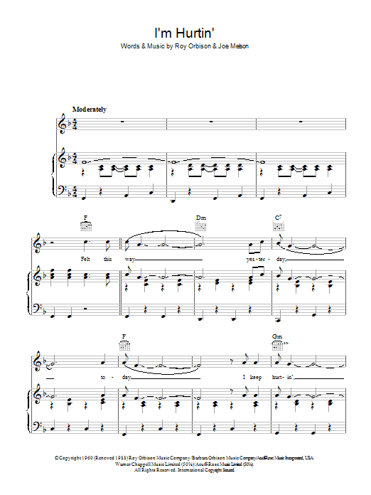 Roy Orbison I'm Hurtin' sheet music notes and chords arranged for Guitar Chords/Lyrics