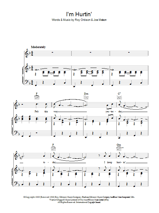 Roy Orbison I'm Hurtin' sheet music notes and chords arranged for Piano, Vocal & Guitar Chords