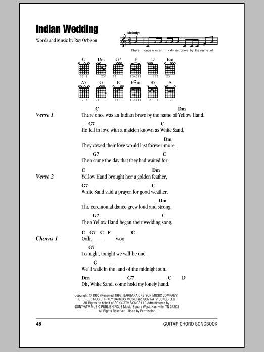 Roy Orbison Indian Wedding sheet music notes and chords arranged for Guitar Chords/Lyrics