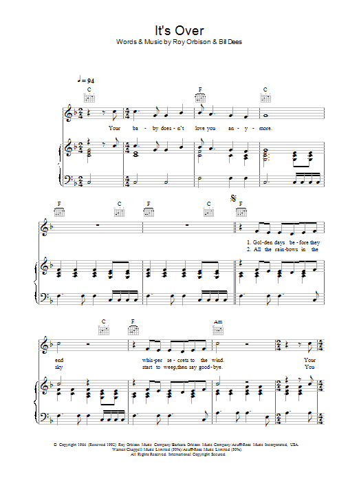Roy Orbison It's Over sheet music notes and chords arranged for Piano, Vocal & Guitar Chords
