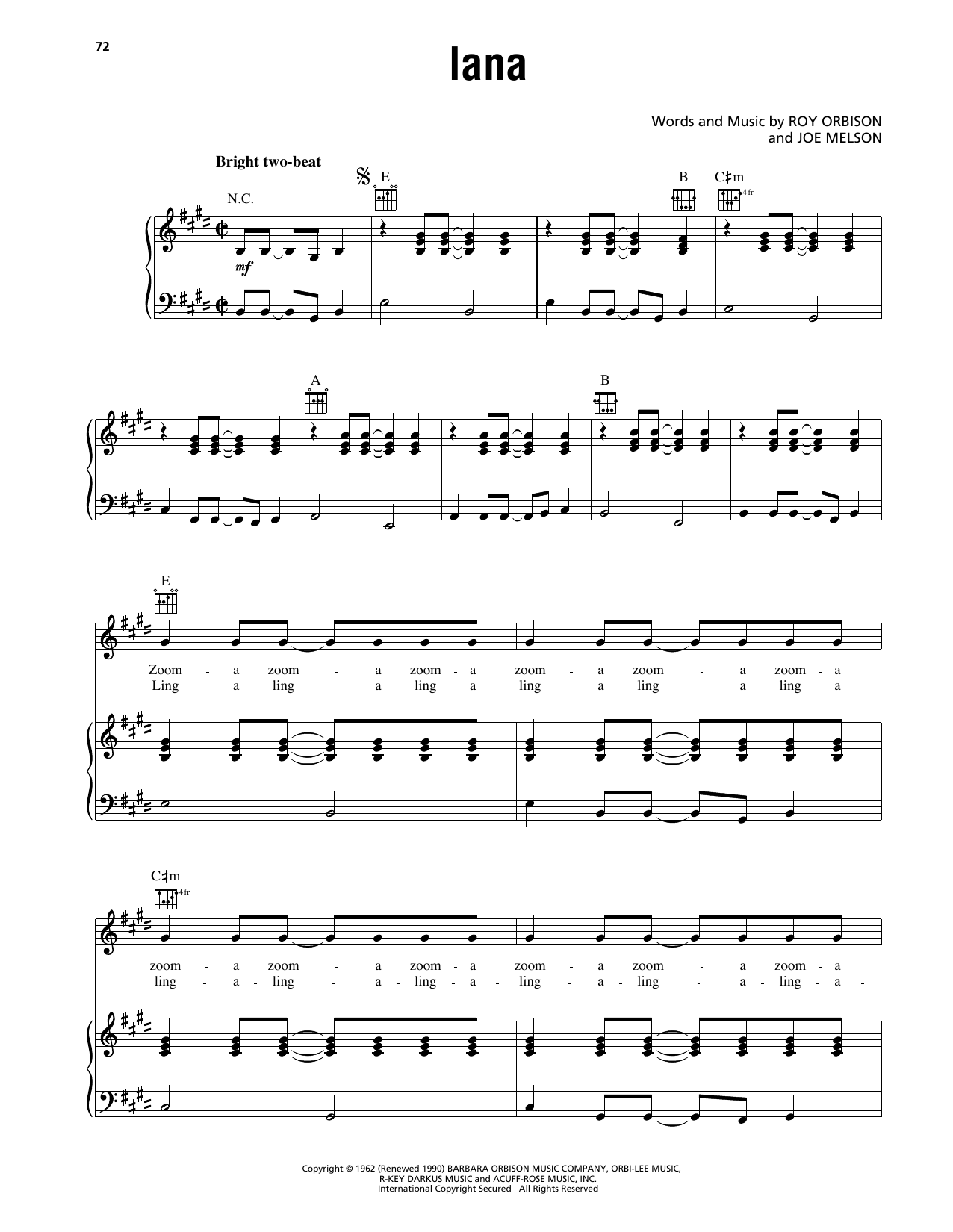 Roy Orbison Lana sheet music notes and chords arranged for Piano, Vocal & Guitar Chords (Right-Hand Melody)