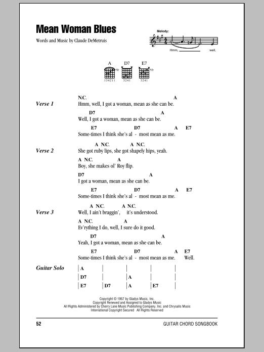 Roy Orbison Mean Woman Blues sheet music notes and chords arranged for Guitar Chords/Lyrics