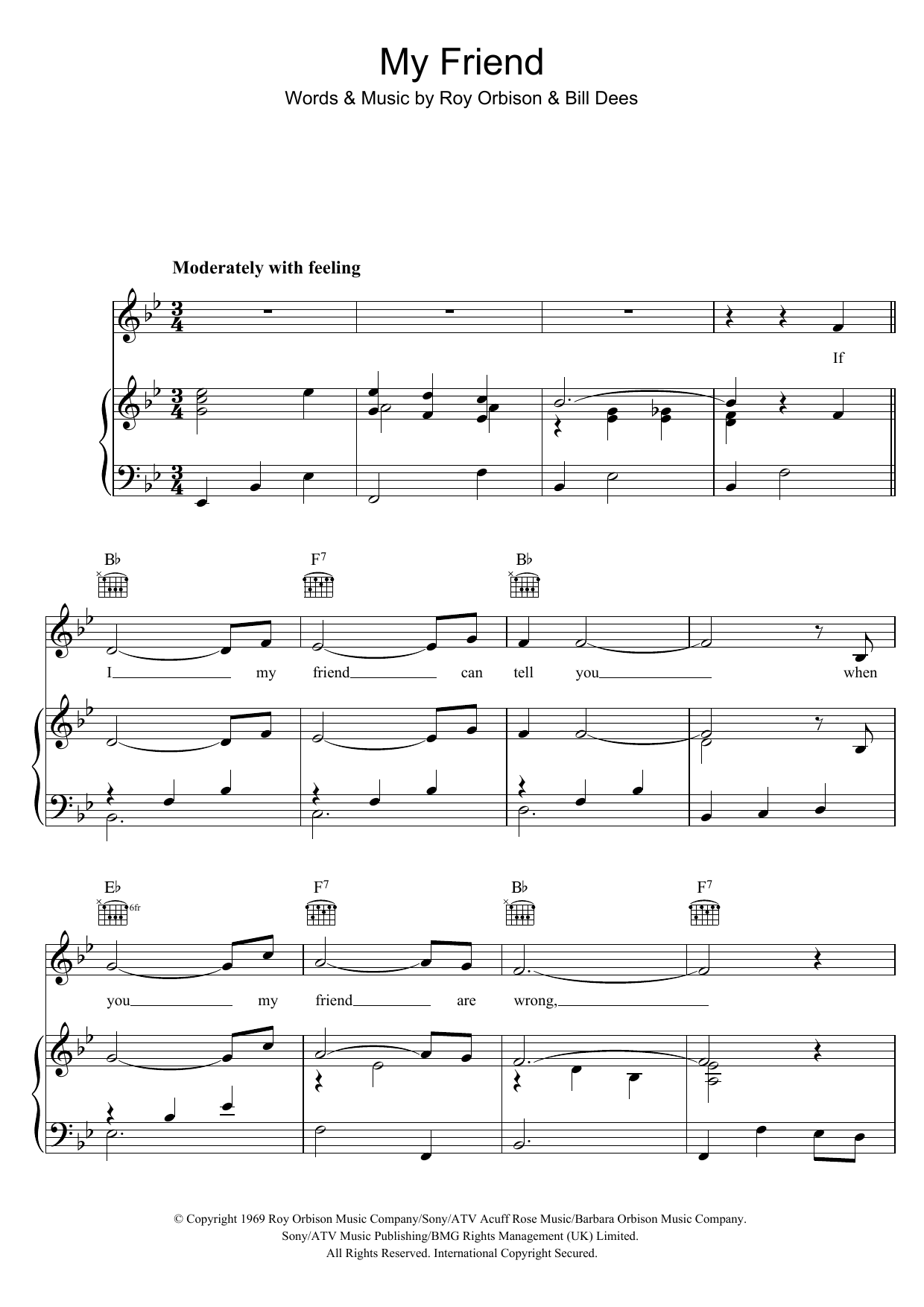 Roy Orbison My Friend sheet music notes and chords arranged for Piano, Vocal & Guitar Chords