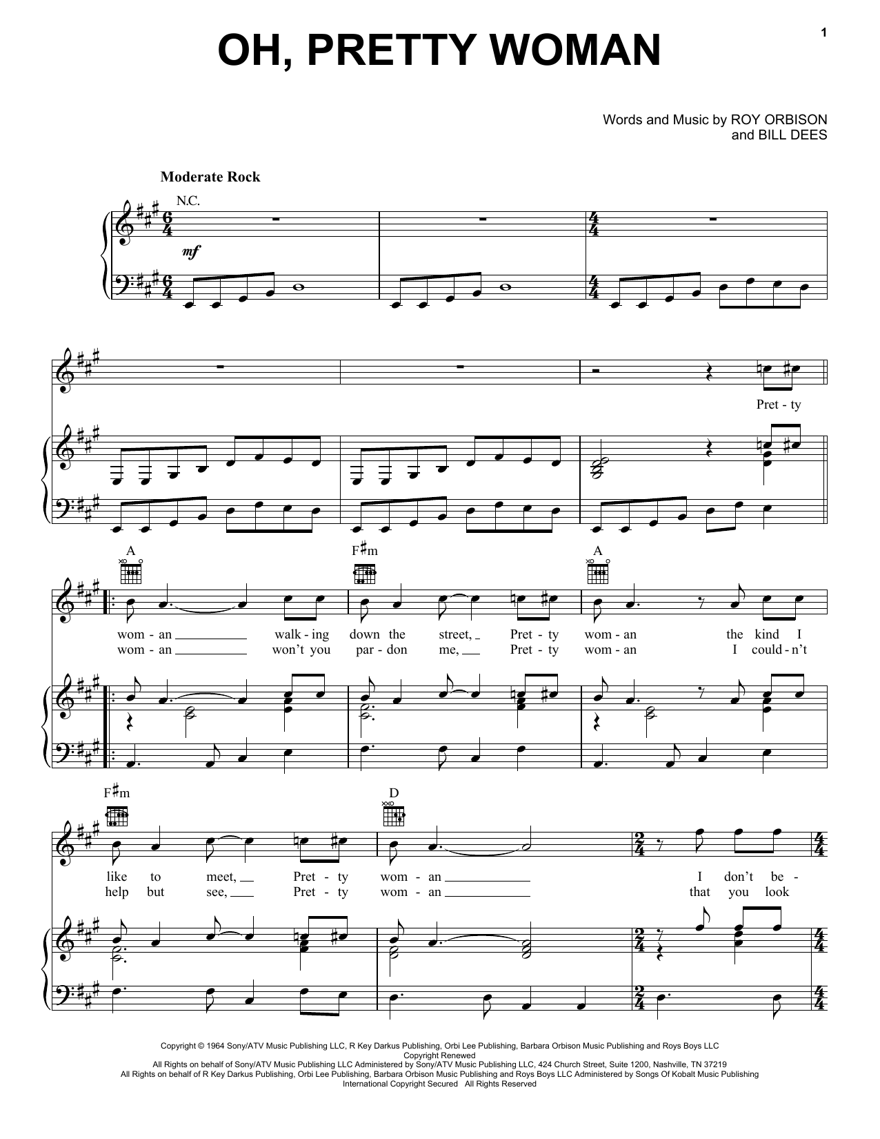 Roy Orbison Oh, Pretty Woman sheet music notes and chords arranged for Easy Bass Tab