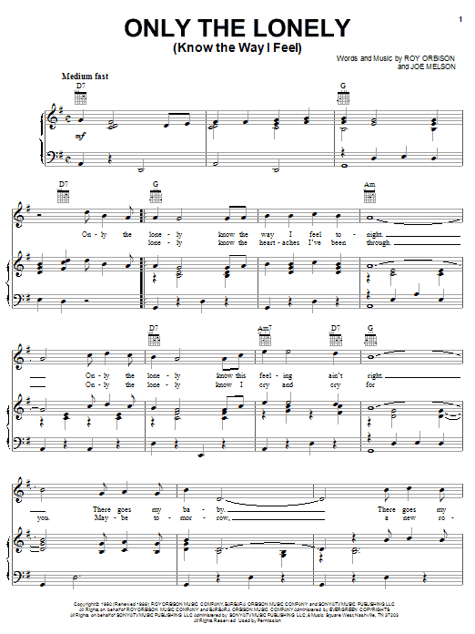 Roy Orbison Only The Lonely (Know The Way I Feel) sheet music notes and chords arranged for Lead Sheet / Fake Book
