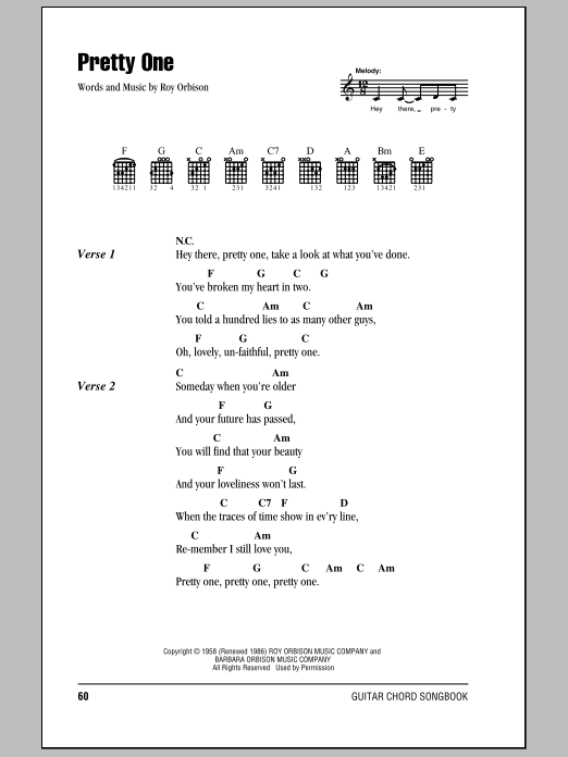 Roy Orbison Pretty One sheet music notes and chords arranged for Guitar Chords/Lyrics