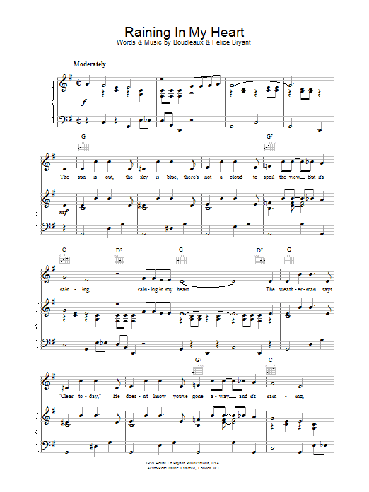 Roy Orbison Raining In My Heart sheet music notes and chords arranged for Piano, Vocal & Guitar Chords