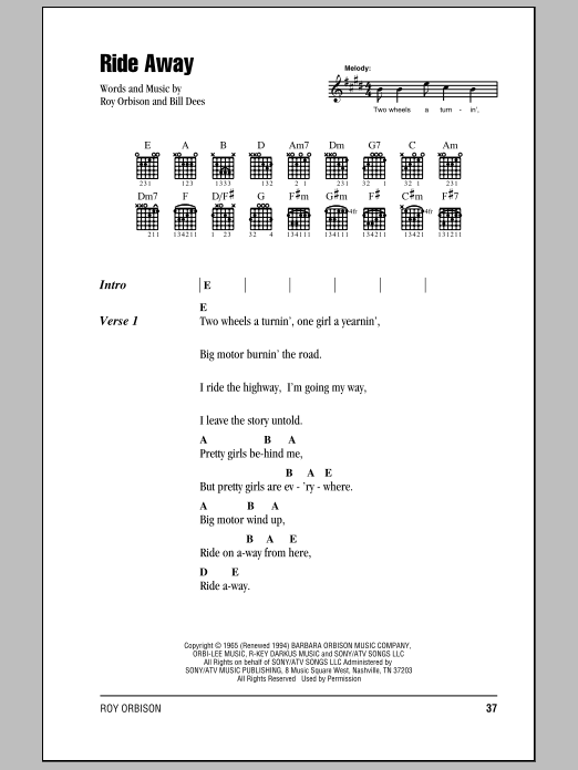 Roy Orbison Ride Away sheet music notes and chords arranged for Guitar Chords/Lyrics
