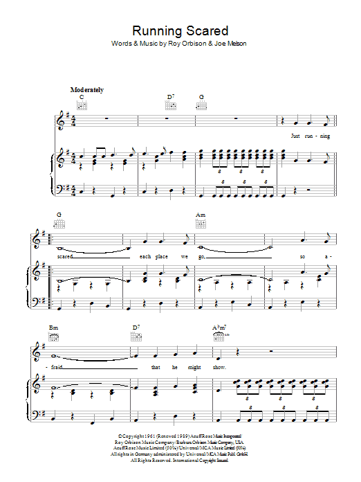 Roy Orbison Running Scared sheet music notes and chords arranged for Piano, Vocal & Guitar Chords