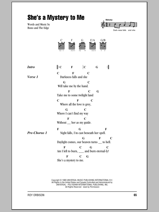 Roy Orbison She's A Mystery To Me sheet music notes and chords arranged for Guitar Chords/Lyrics
