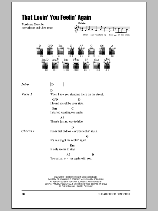 Roy Orbison That Lovin' You Feelin' Again sheet music notes and chords arranged for Guitar Chords/Lyrics