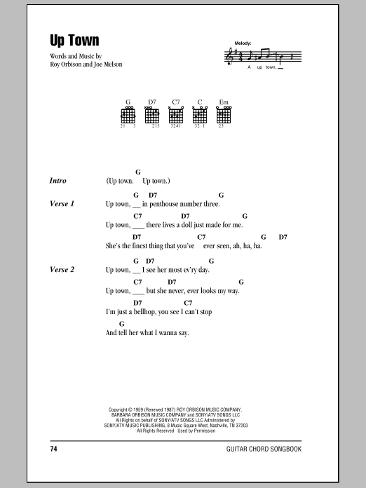 Roy Orbison Up Town sheet music notes and chords arranged for Guitar Tab