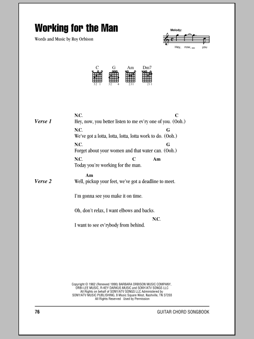 Roy Orbison Working For The Man sheet music notes and chords arranged for Guitar Chords/Lyrics