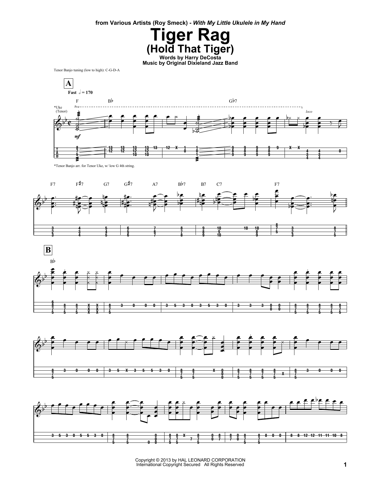 Roy Smeck Tiger Rag (Hold That Tiger) sheet music notes and chords arranged for Ukulele Tab
