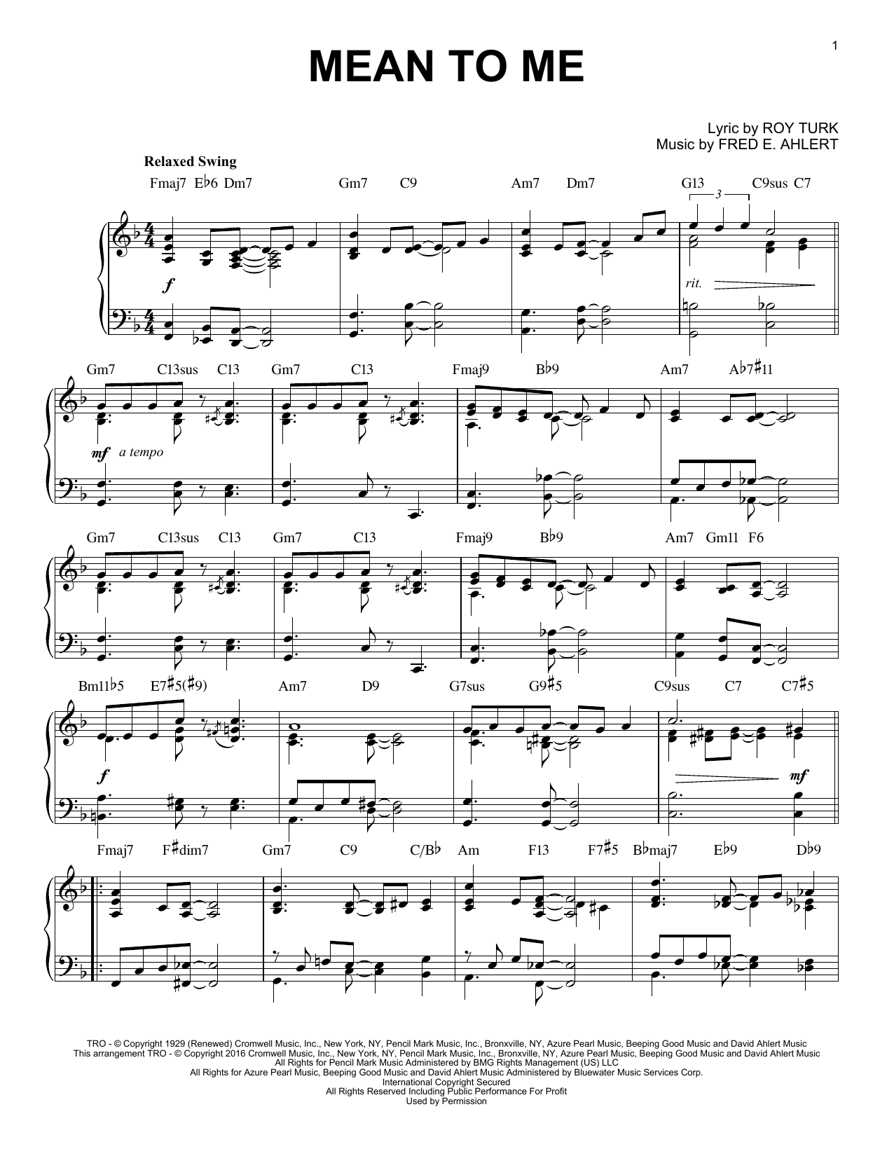 Roy Turk Mean To Me (from Love Me Or Leave Me) (arr. Brent Edstrom) sheet music notes and chords arranged for Piano Solo