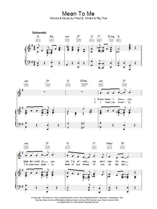 Roy Turk Mean To Me (from Love Me Or Leave Me) sheet music notes and chords arranged for Easy Piano