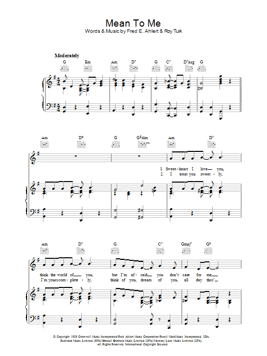 Roy Turk Mean To Me (from Love Me Or Leave Me) sheet music notes and chords arranged for Piano, Vocal & Guitar Chords