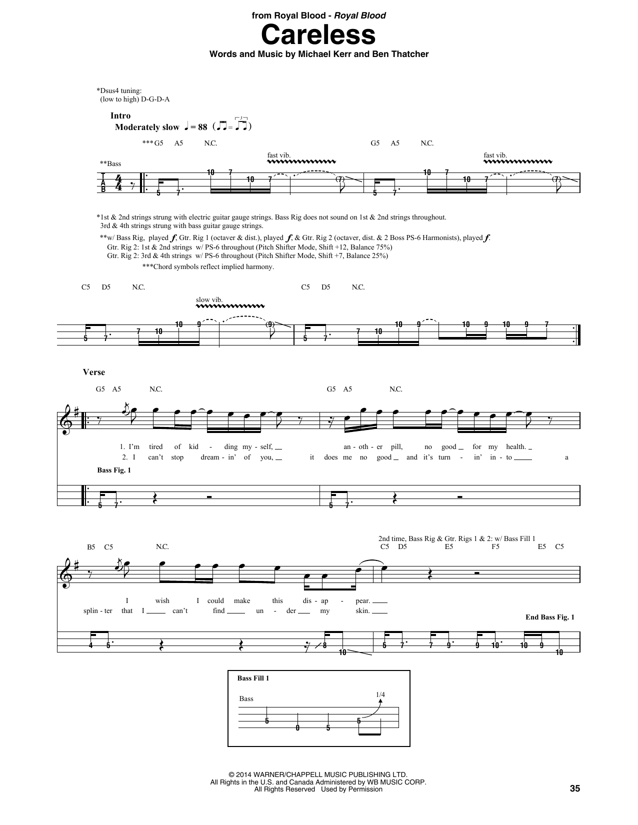 Royal Blood Careless sheet music notes and chords arranged for Bass Guitar Tab