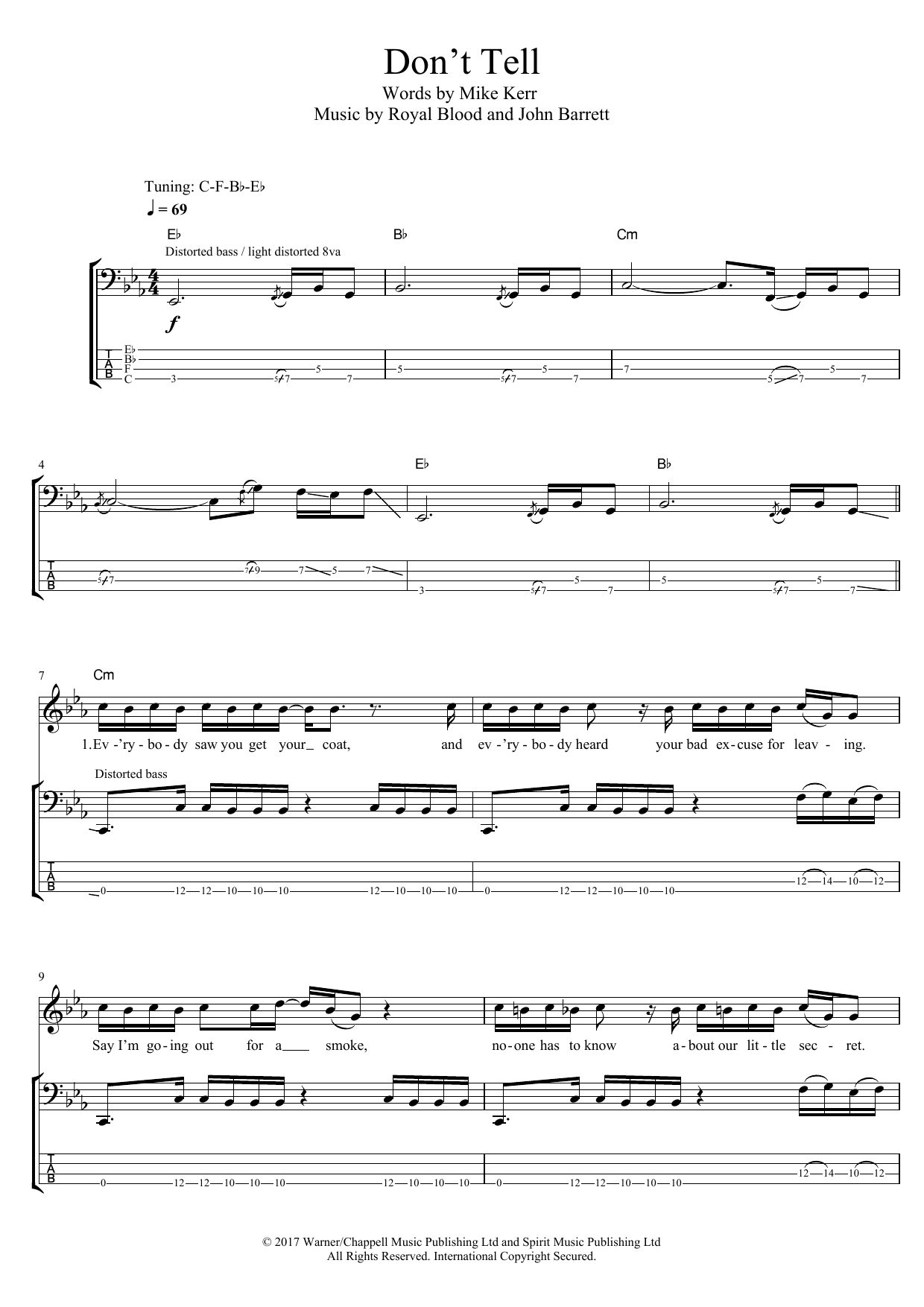 Royal Blood Don't Tell sheet music notes and chords arranged for Bass Guitar Tab