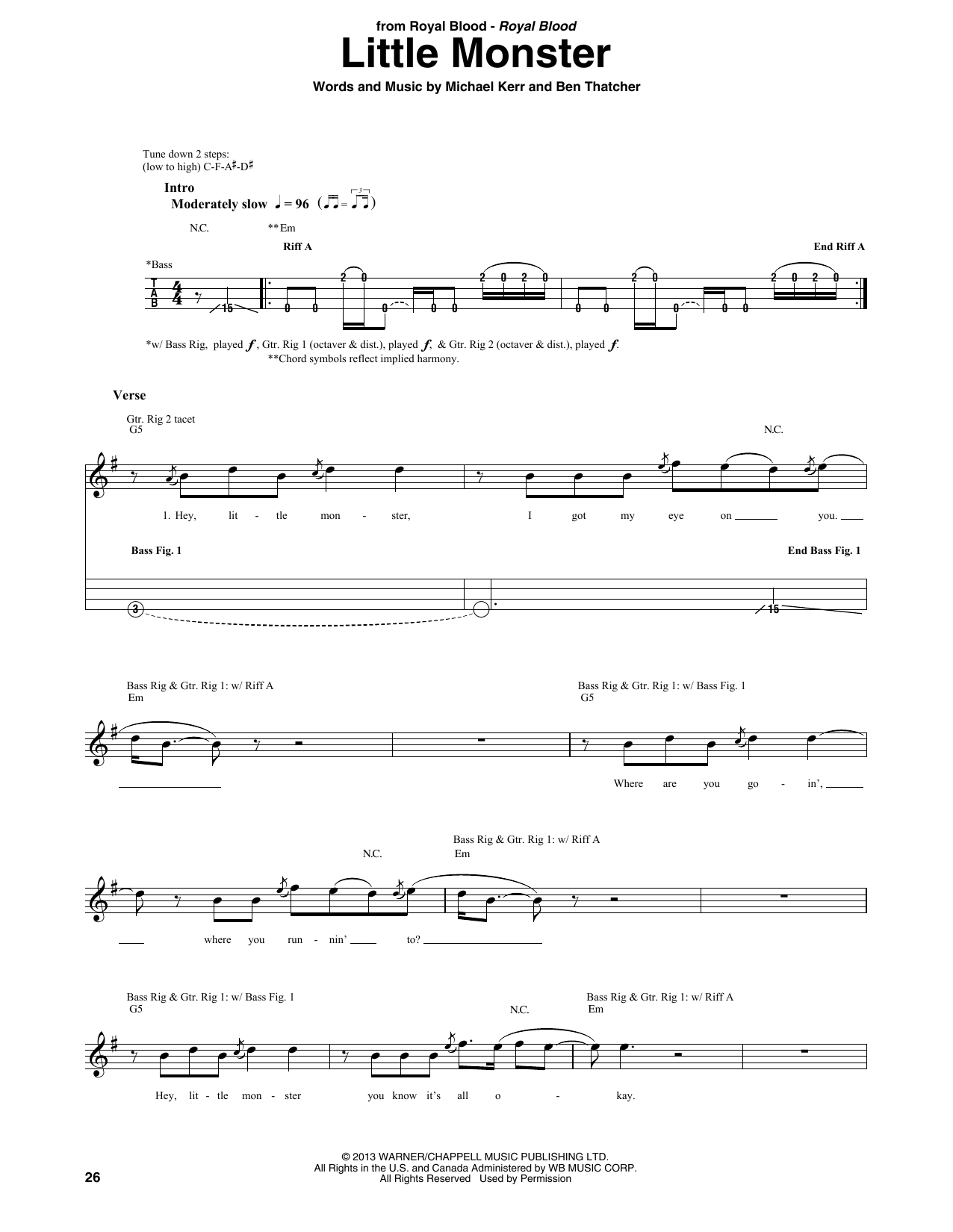 Royal Blood Little Monster sheet music notes and chords arranged for Bass Guitar Tab
