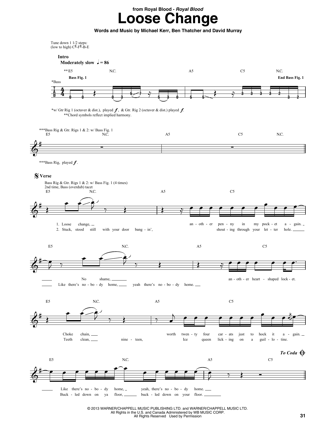Royal Blood Loose Change sheet music notes and chords arranged for Bass Guitar Tab
