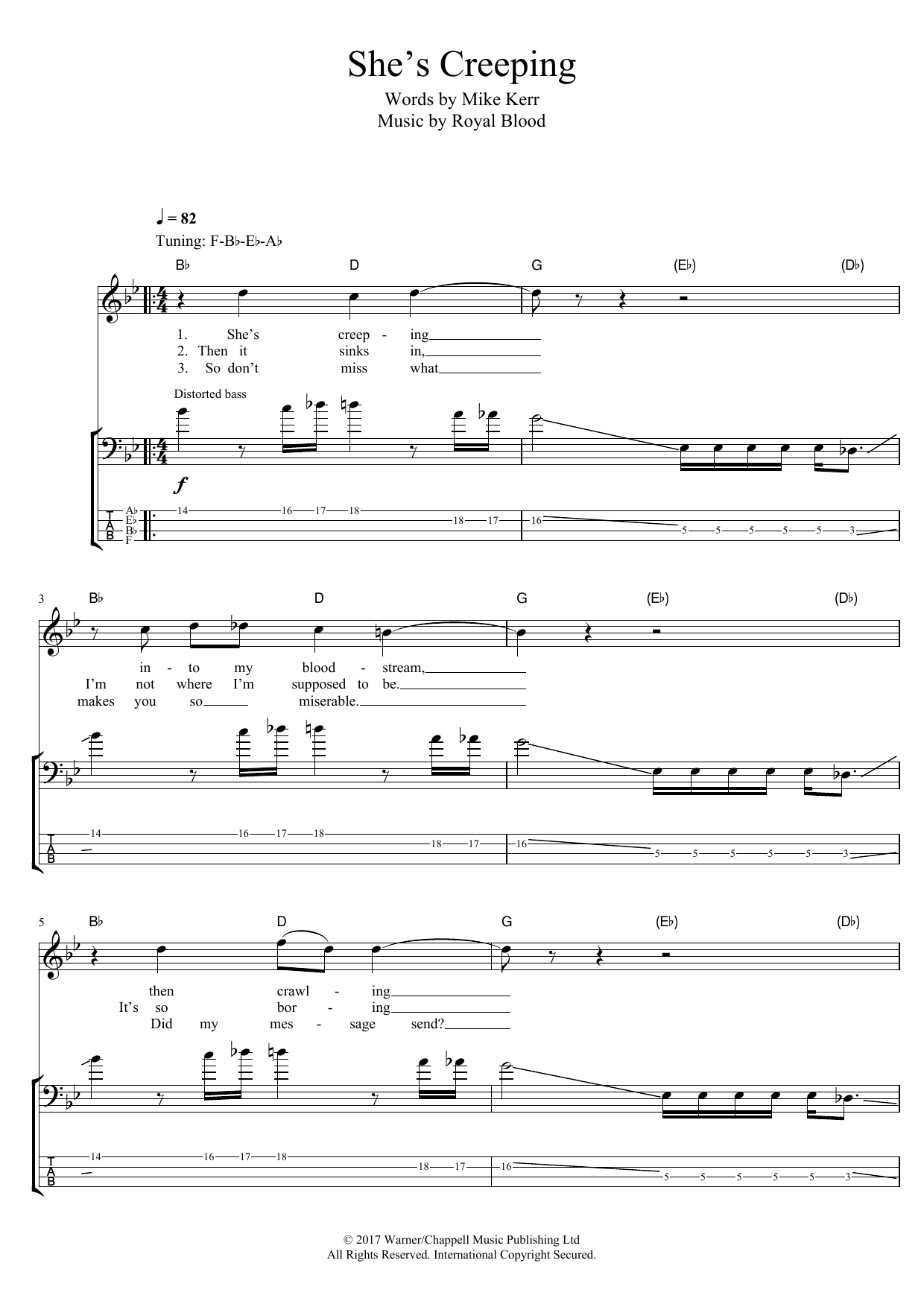 Royal Blood She's Creeping sheet music notes and chords arranged for Bass Guitar Tab