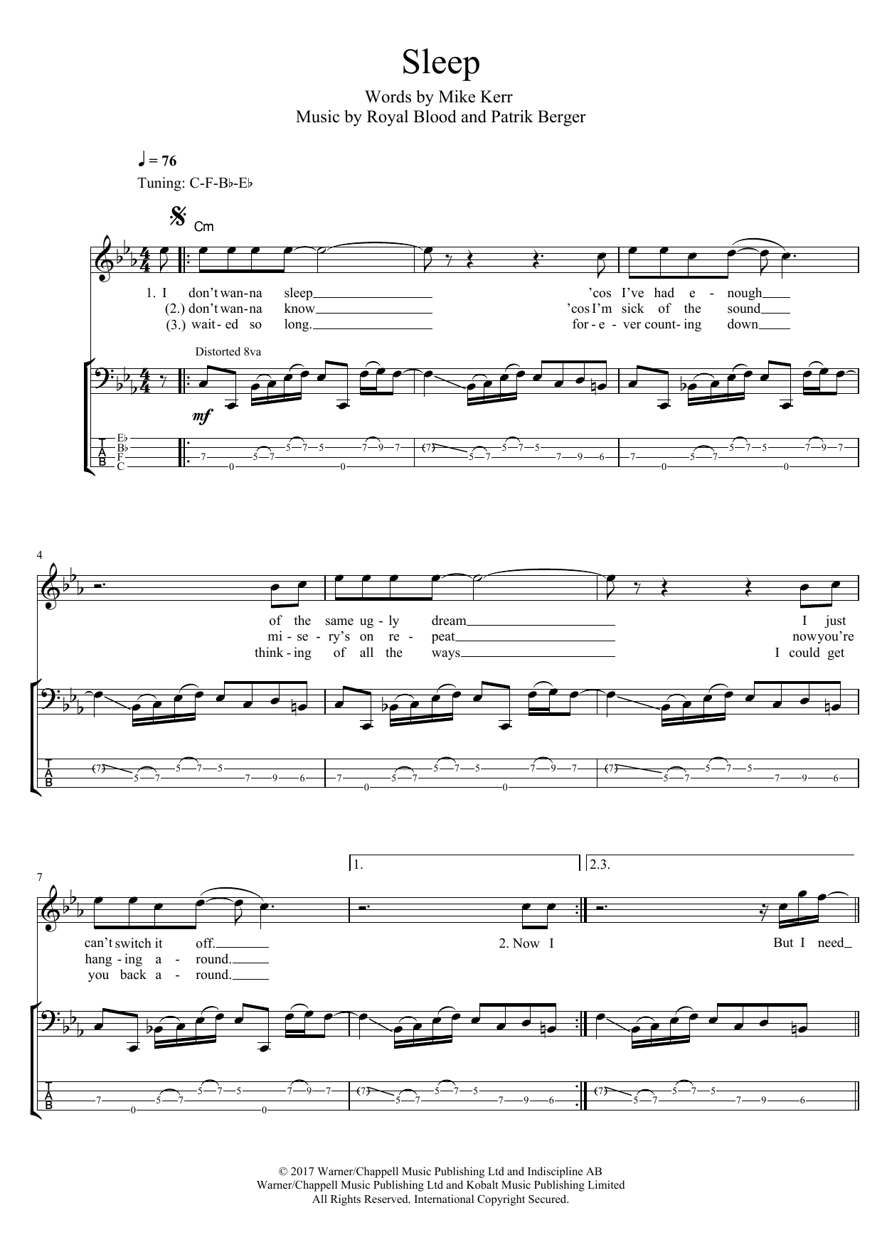 Royal Blood Sleep sheet music notes and chords arranged for Bass Guitar Tab