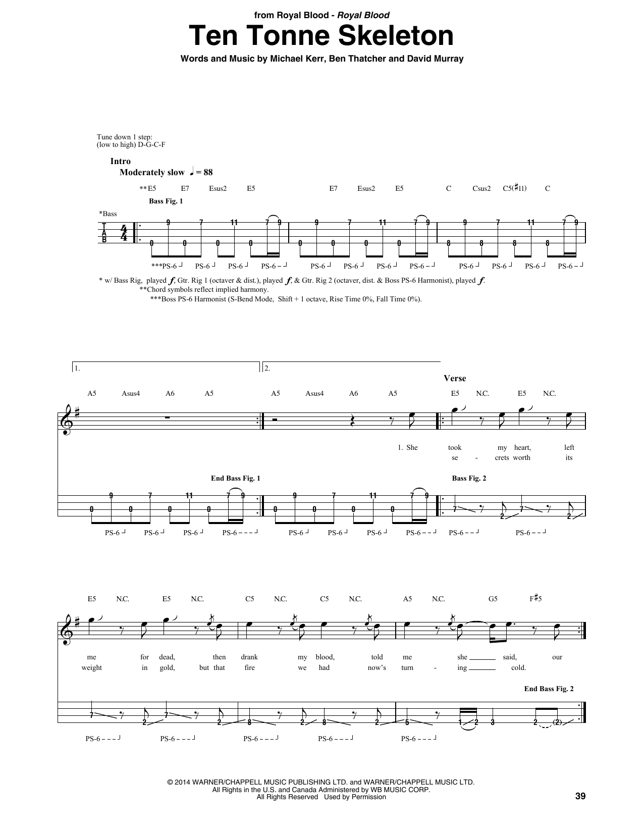 Royal Blood Ten Tonne Skeleton sheet music notes and chords arranged for Bass Guitar Tab