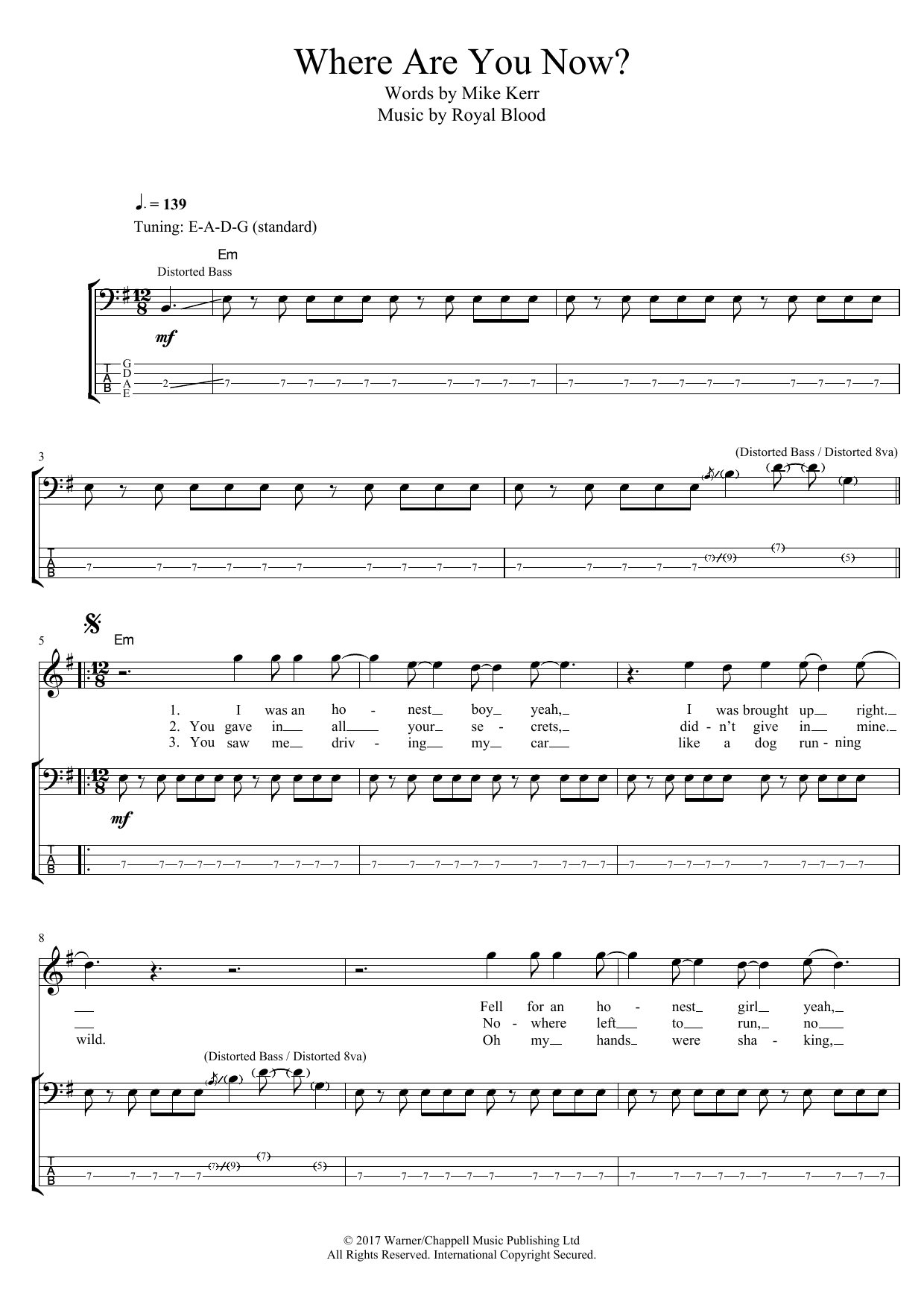 Royal Blood Where Are You Now? sheet music notes and chords arranged for Bass Guitar Tab