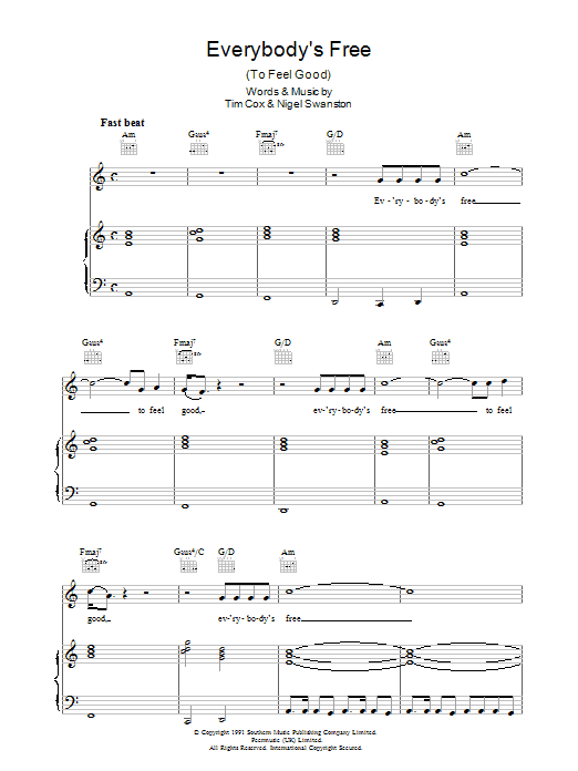 Rozalla Everybody's Free (To Feel Good) sheet music notes and chords arranged for Piano, Vocal & Guitar Chords