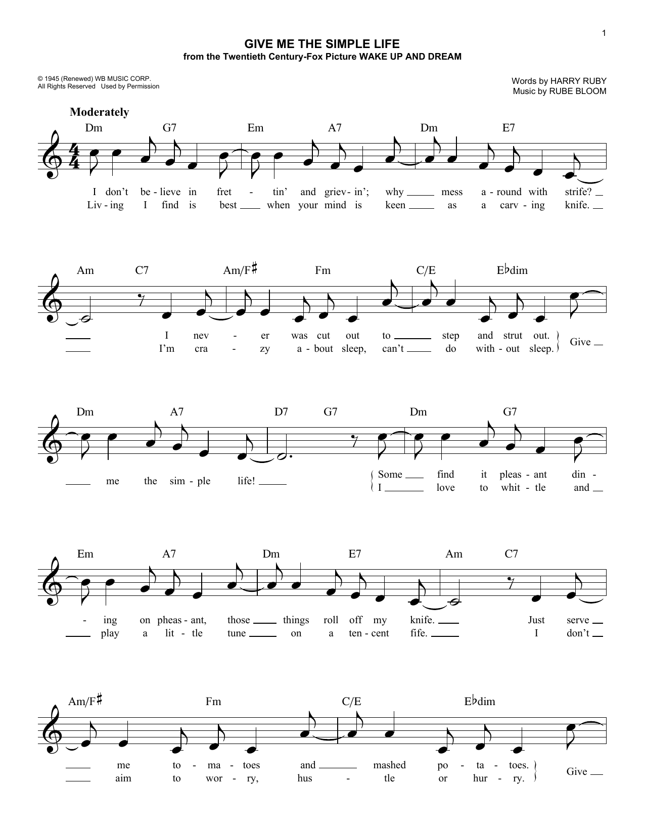 Rube Bloom Give Me The Simple Life sheet music notes and chords arranged for Easy Lead Sheet / Fake Book
