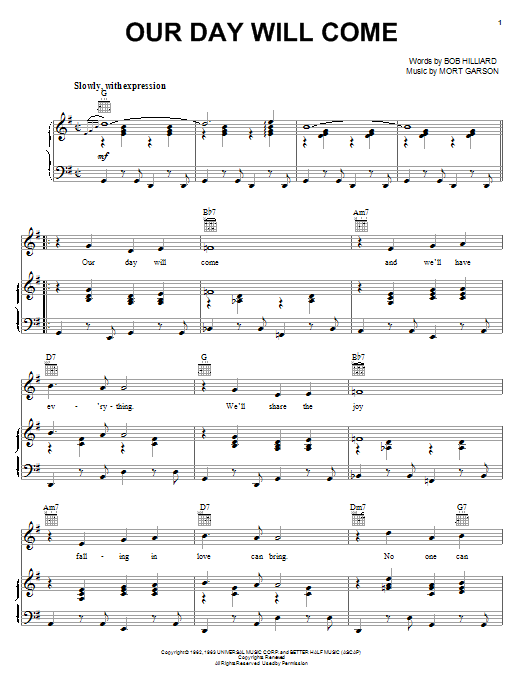 Ruby & The Romantics Our Day Will Come sheet music notes and chords arranged for Piano, Vocal & Guitar Chords
