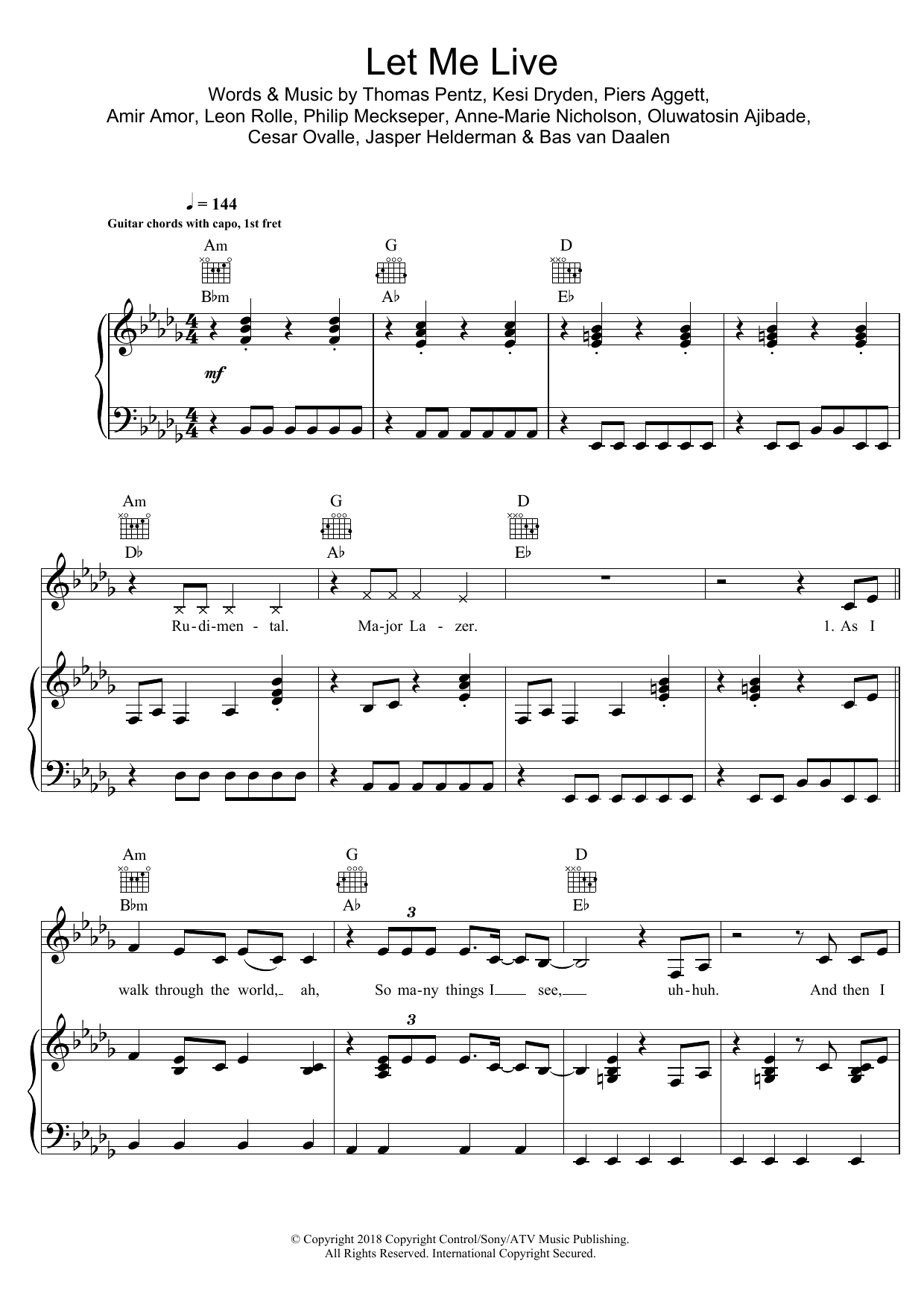 Rudimental Let Me Live (featuring Anne-Marie and Mr. Eazi) sheet music notes and chords arranged for Piano, Vocal & Guitar Chords