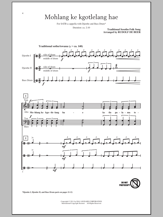Rudolf de Beer Mohlang Ke Kgotlelang Hae (When I Return Home) sheet music notes and chords arranged for SSA Choir