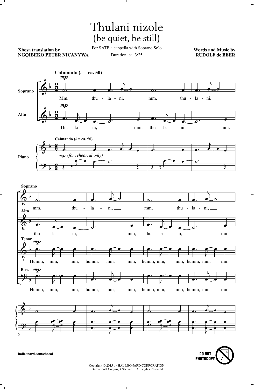 Rudolf de Beer Thulani Nizole sheet music notes and chords arranged for SATB Choir