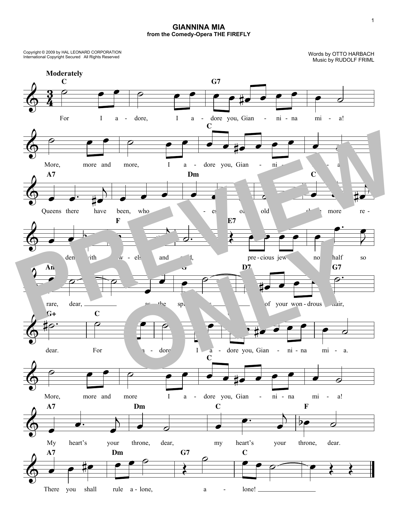 Rudolf Friml Giannina Mia sheet music notes and chords arranged for Easy Lead Sheet / Fake Book