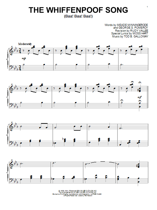 Rudy Vallee The Whiffenpoof Song (Baa! Baa! Baa!) sheet music notes and chords arranged for Piano Solo