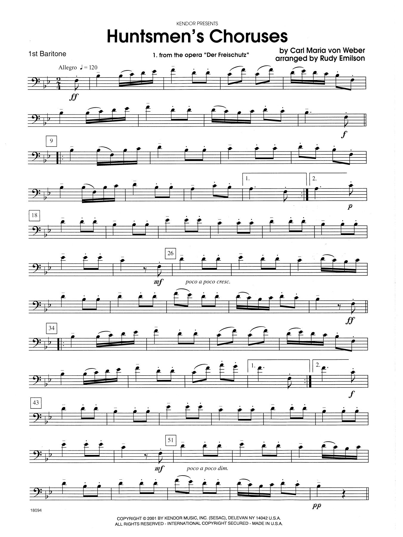 Rudy Emilson Huntsmen's Choruses - 1st Baritone B.C. sheet music notes and chords. Download Printable PDF.