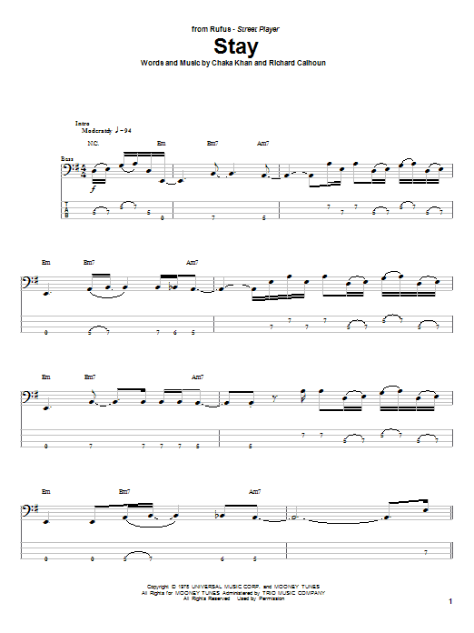 Rufus Stay sheet music notes and chords arranged for Bass Guitar Tab