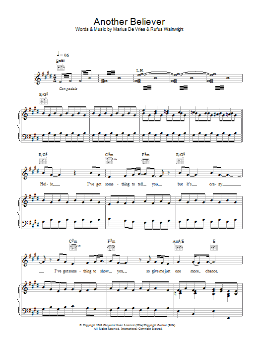 Rufus Wainwright Another Believer sheet music notes and chords arranged for Piano, Vocal & Guitar Chords