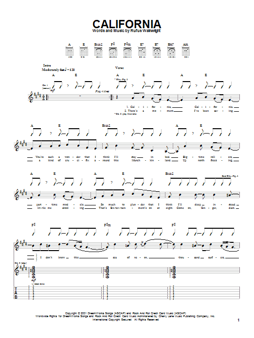 Rufus Wainwright California sheet music notes and chords arranged for Guitar Tab